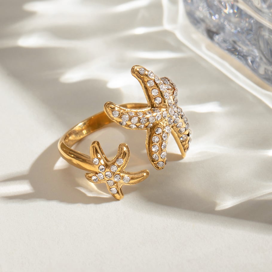 1 paire de bagues ajustables pour femme en acier inoxydable plaqué or 18 carats avec strass, style tortue, série simple Image3