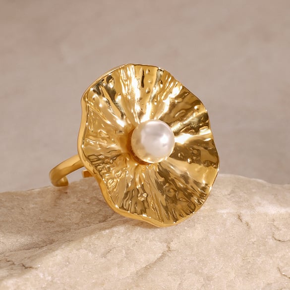 1 Pair Classic Series Retro Flower Stainless Steel 18K Gold Plated Artificial Pearl Women Adjustable Rings 2