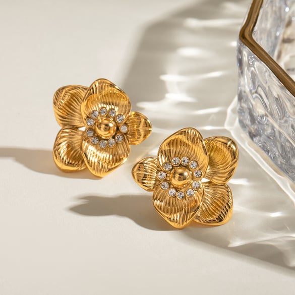 1 Paar Klassische Serie Retro Blume Edelstahl 18K vergoldet Strass Damen Ohrstecker 2