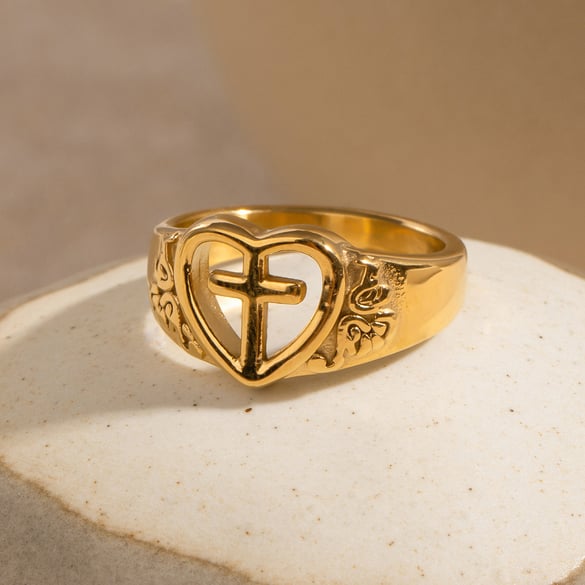 Anillo individual para mujer, de acero inoxidable chapado en oro de 18 quilates, con forma de corazón retro, serie clásica.