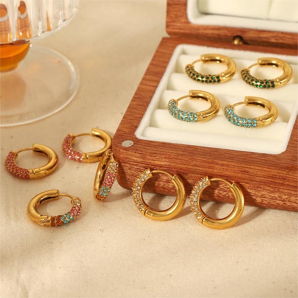1 Pair Simple Series Sweet Geometric Stainless Steel 18K Gold Plated Rhinestone Women Hoop Earrings 2
