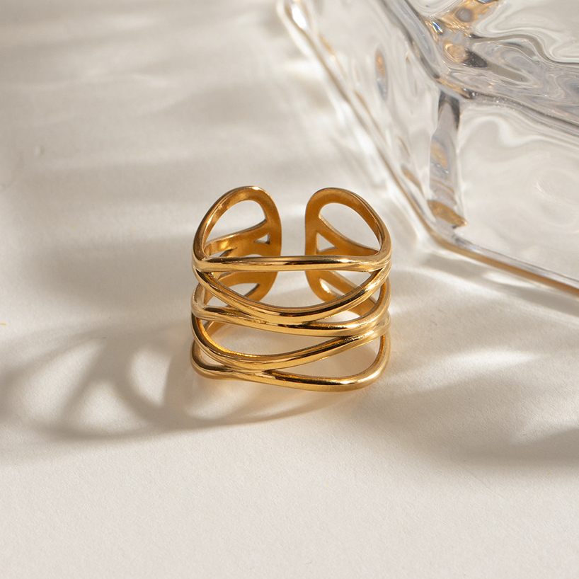 1 Paar Simple Series Simple Line Edelstahl 18 Karat vergoldete verstellbare Damenringe Bild5