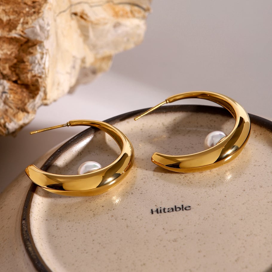 1 Pair Simple Series Elegant Geometric Stainless Steel 18K Gold Plated Artificial Pearl Women Hoop Earrings Picture5