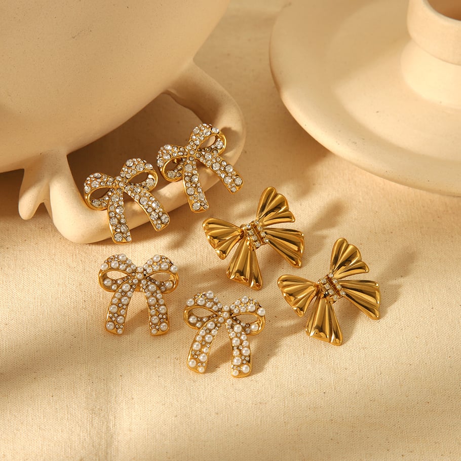 1 Paar Simple Series Sweet Bow Knot Edelstahl 18 Karat vergoldete Kunstperlen Damen Ohrstecker Bild4