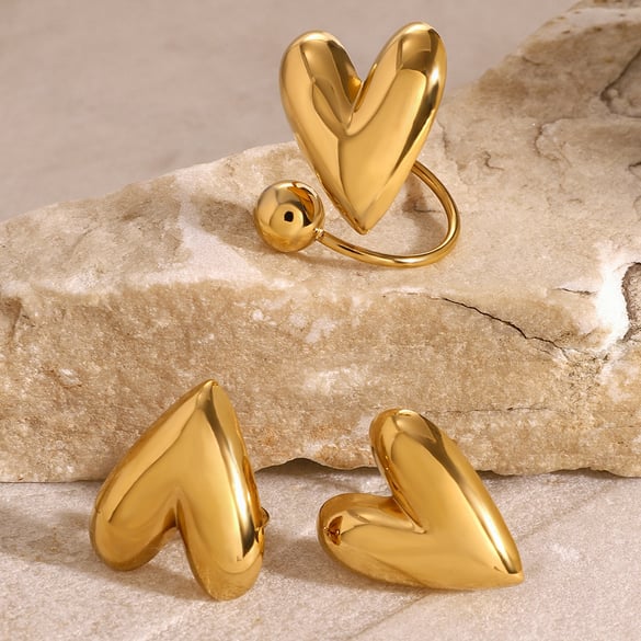 1 par de anillos ajustables para mujer de acero inoxidable chapado en oro de 18 quilates con forma de corazón retro de serie simple