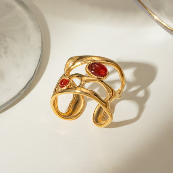 1 Pair Classic Series Retro Geometric Stainless Steel 18K Gold Plated Artificial Gemstone Women Adjustable Rings 2