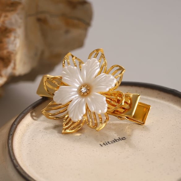 1 paio di fermagli per capelli da donna in acciaio inossidabile placcato oro 18 carati con strass, serie classica, retrò, a forma di fiore 2