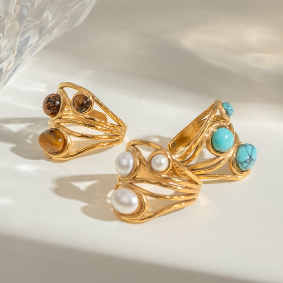 1 Pair Classic Retro Style Geometric Stainless Steel 18K Gold Plated Inlay Artificial Gemstone Women's Adjustable Rings 2