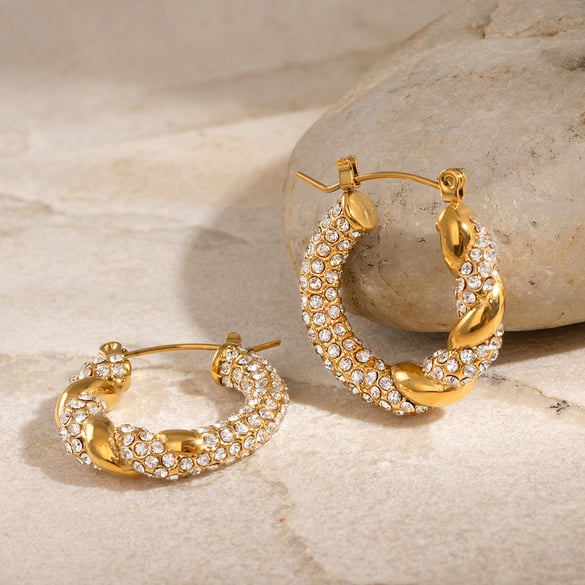 1 paio di orecchini a cerchio da donna con strass placcati in oro 18 carati, serie semplice, classici, twist, in acciaio inossidabile