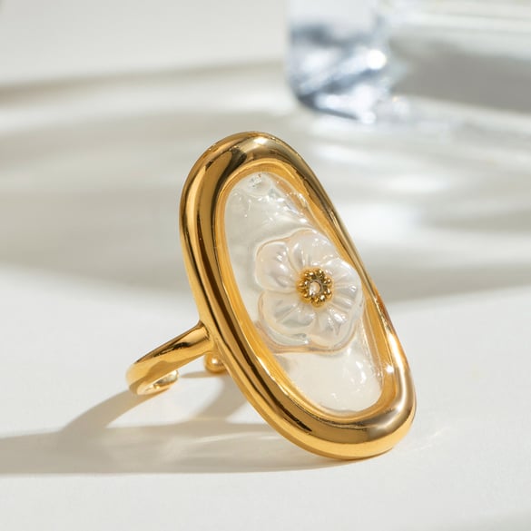 1 Pair Romantic Series Sweet Flower Stainless Steel 18K Gold Plated Women Adjustable Rings 2