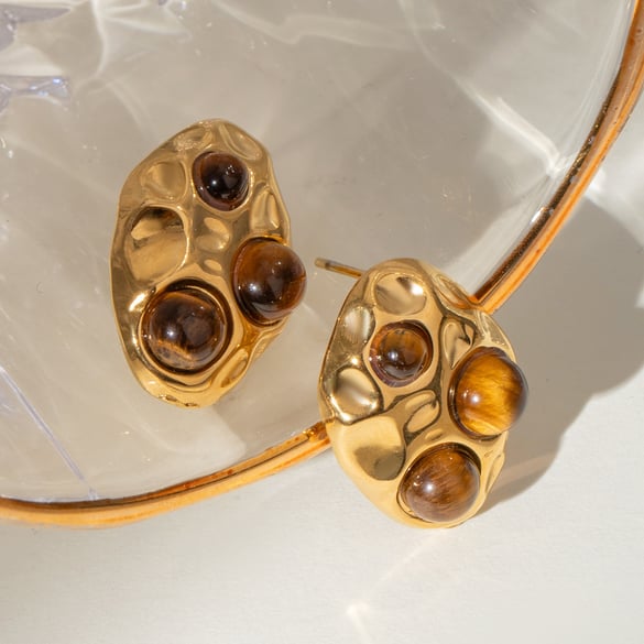 1 paio di orecchini a bottone da donna in acciaio inossidabile con pietra naturale placcati in oro 18 carati, stile retrò, serie classica 2
