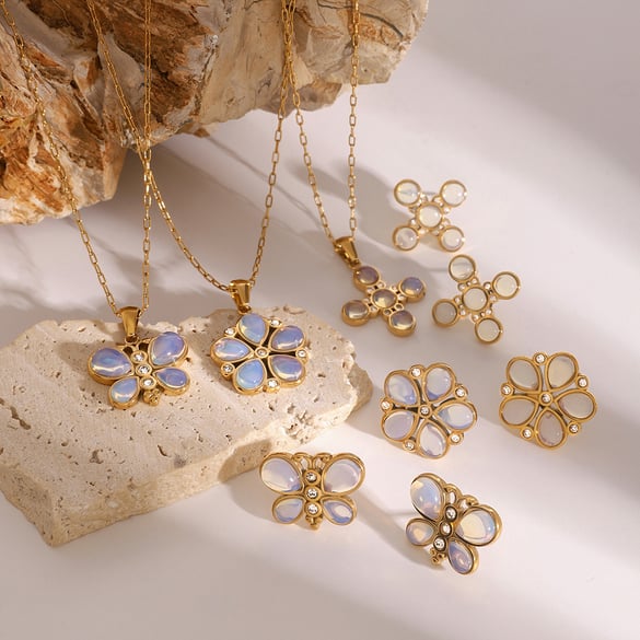 1 Pair Romantic Series Sweet Flower Stainless Steel 18K Gold Plated Artificial Gemstone Women Earrings set 2