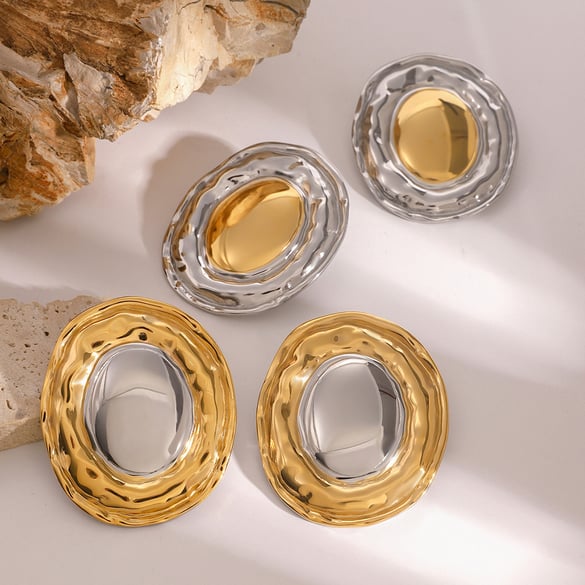 1 Pair Retro Stylish Style Oval Shape Stainless Steel 18K Gold Plated Women's Stud Earrings