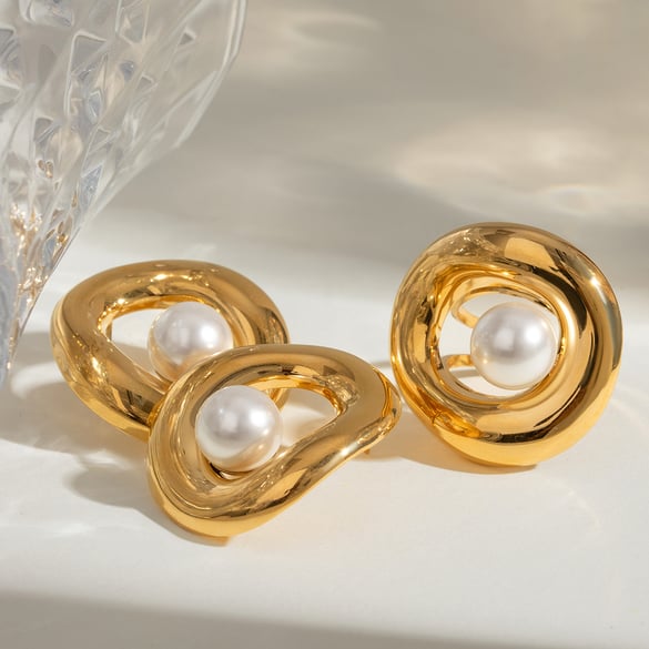 1 Pair Simple Series Retro Geometric Stainless Steel 18K Gold Plated Artificial Pearl Women Earrings set 2