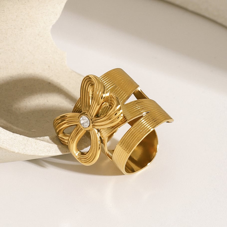 1 Pair Simple Series Retro Bow Knot Stainless Steel 18K Gold Plated Rhinestone Women Adjustable Rings Picture6