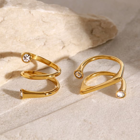 1 Paar Simple Series Einfache geometrische Edelstahl 18 Karat vergoldet Strass Damen verstellbare Ringe 2