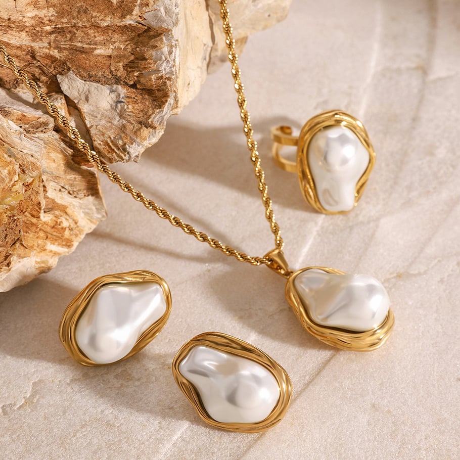 1 paio di orecchini a bottone da donna con conchiglia in acciaio inossidabile placcato oro , serie semplice, retrò e geometrici Immagine3