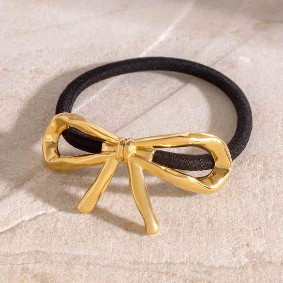 1 paire d&#39;élastiques à cheveux pour femmes, série Simple, nœud papillon, en acier inoxydable plaqué or 18 carats 2