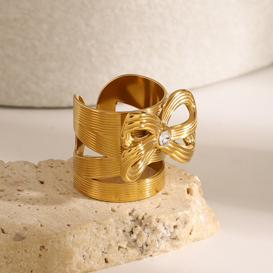 1 Pair Simple Series Retro Bow Knot Stainless Steel 18K Gold Plated Rhinestone Women Adjustable Rings Picture5
