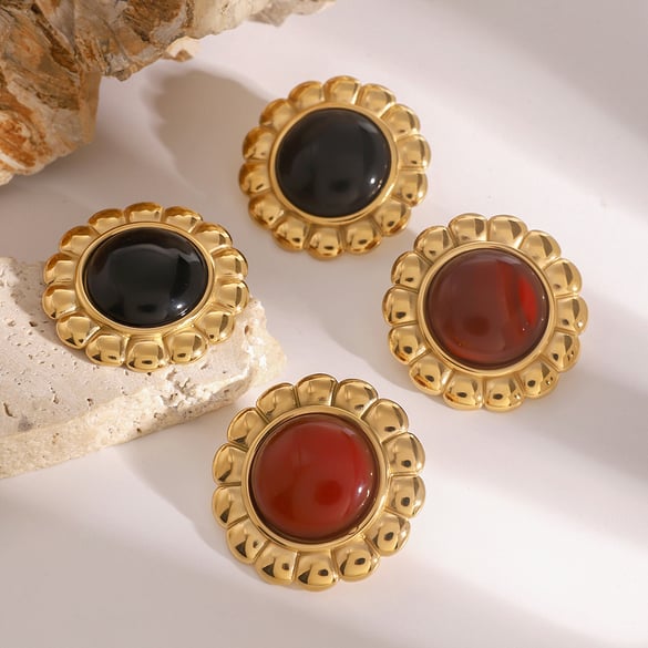 1 Pair Simple Series Retro Flower Stainless Steel 18K Gold Plated Women Stud Earrings