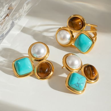 1 Pair Ethnic Series Retro Geometric Stainless Steel 18K Gold Plated Natural Stone Women Stud Earrings h5 Picture5