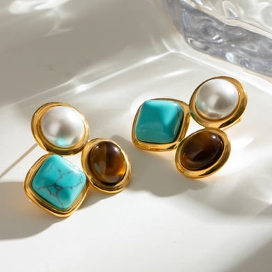 1 Pair Ethnic Series Retro Geometric Stainless Steel 18K Gold Plated Natural Stone Women Stud Earrings h5 Picture4