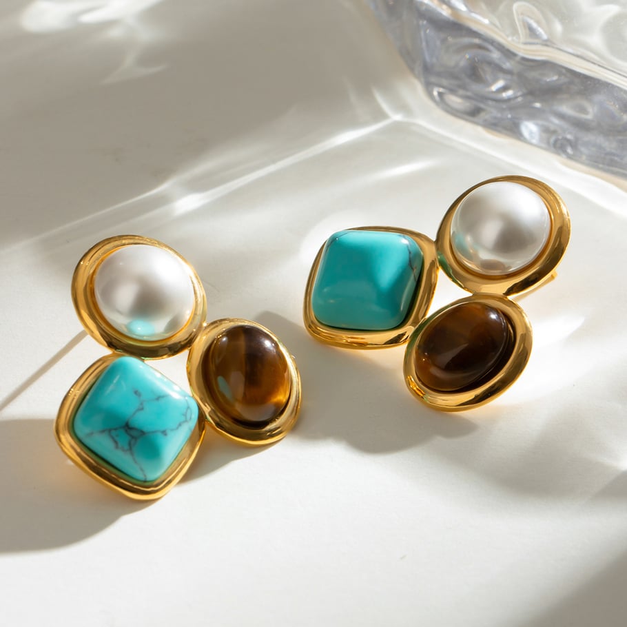 1 Pair Ethnic Series Retro Geometric Stainless Steel 18K Gold Plated Natural Stone Women Stud Earrings Picture4