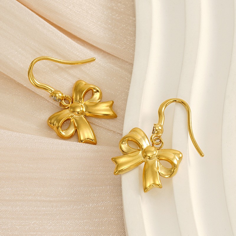 1 Pair Ins Fashionable Style Bowknot Shape Titanium Steel 18K Gold Plated Inlay Artificial Crystal Women's Drop Earrings Picture7