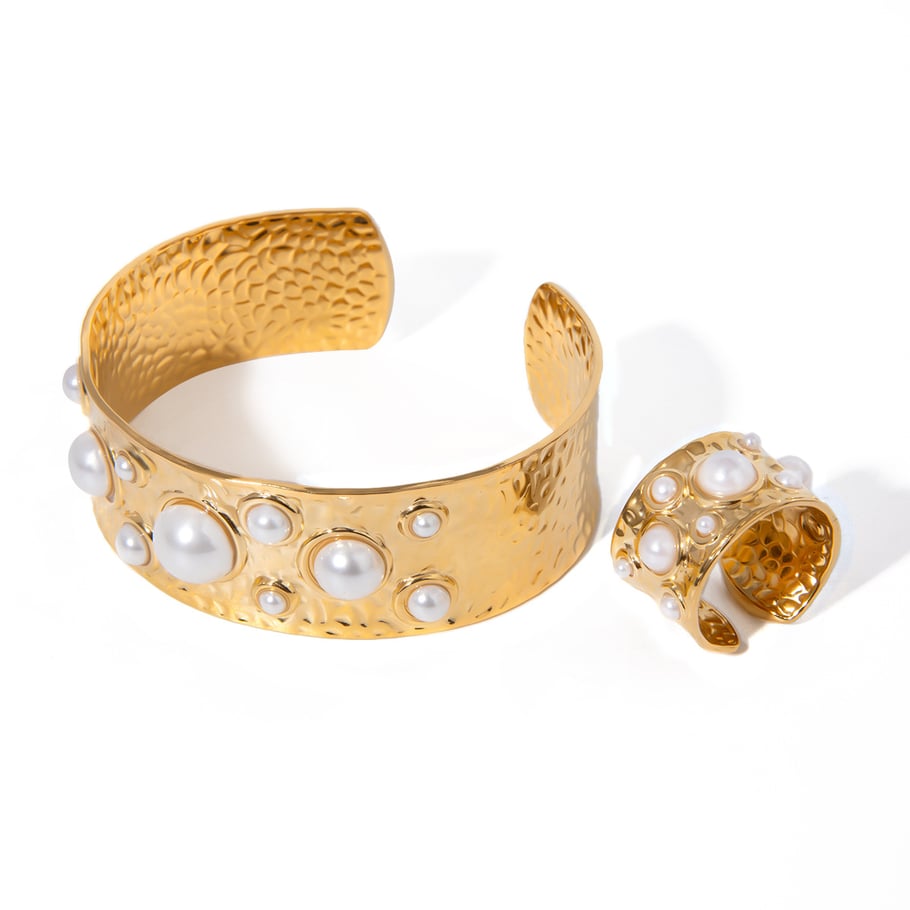 1 Piece Simple Series Retro Geometric Stainless Steel 18K Gold Plated Artificial Pearl Women Bangles Picture6