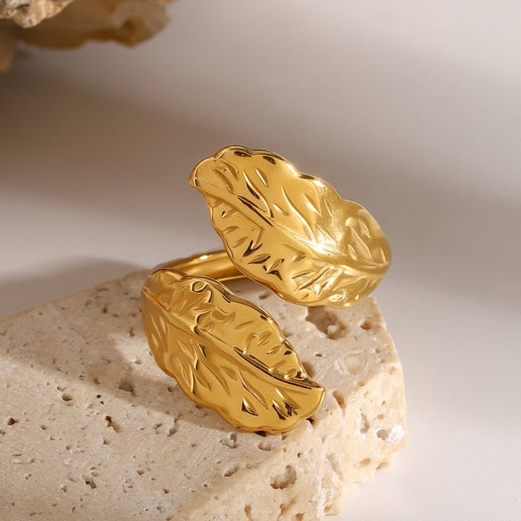 1 Pair Classic Series Classic Plant Stainless Steel 18K Gold Plated Women Adjustable Rings 2