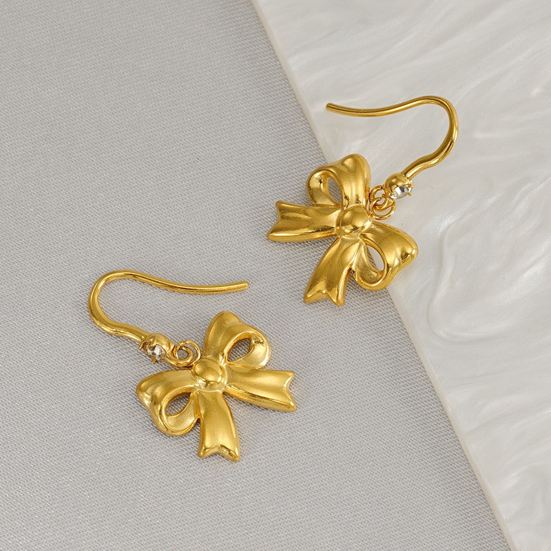 1 Pair Ins Fashionable Style Bowknot Shape Titanium Steel 18K Gold Plated Inlay Artificial Crystal Women's Drop Earrings Picture8