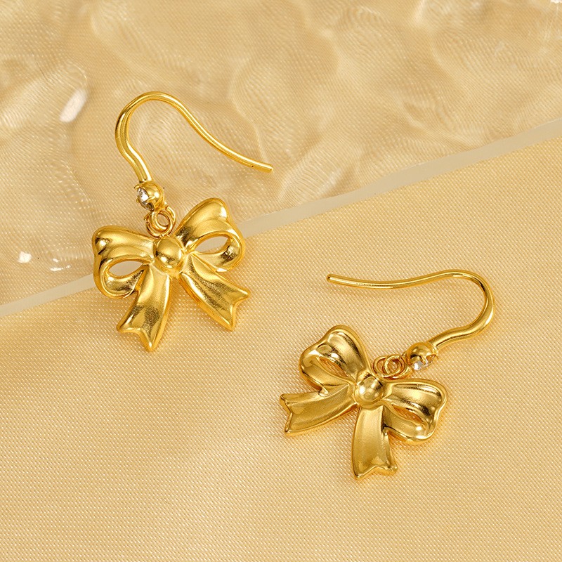 1 Pair Ins Fashionable Style Bowknot Shape Titanium Steel 18K Gold Plated Inlay Artificial Crystal Women's Drop Earrings Picture9
