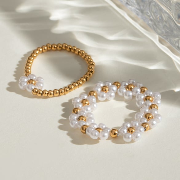 1 Pair Classic Series Elegant Flower Stainless Steel 18K Gold Plated Artificial Pearl Women Adjustable Rings 2