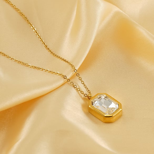 1 Piece Simple Elegant Style Octagon Shape Stainless Steel 18K Gold Plated Inlay Square Zircon Women's Pendant Necklace