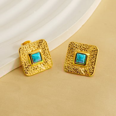 1 Pair Simple Retro Style Geometric Shape Stainless Steel 18K Gold Plated Inlay Turquoise Women's Stud Earrings h5 Picture3