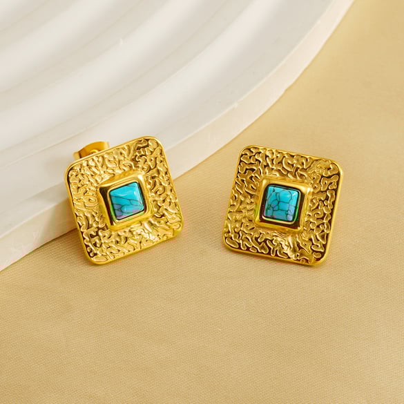 1 Pair Simple Retro Style Geometric Shape Stainless Steel 18K Gold Plated Inlay Turquoise Women's Stud Earrings