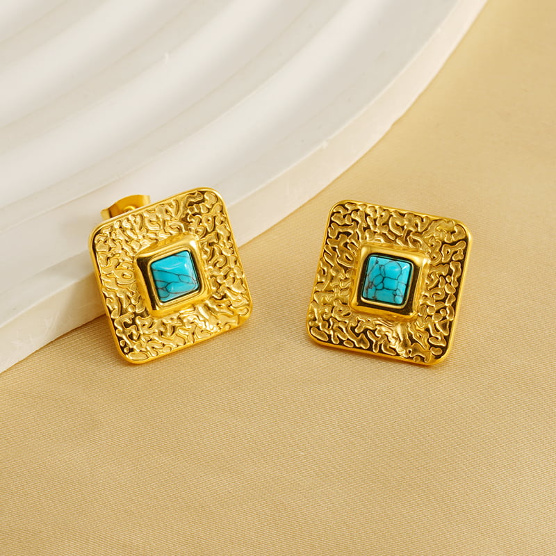 1 Pair Simple Retro Style Geometric Shape Stainless Steel 18K Gold Plated Inlay Turquoise Women's Stud Earrings Picture3