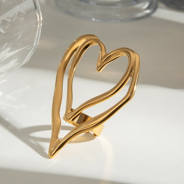 1 par de anillos ajustables para mujer de acero inoxidable chapados en oro de 18 quilates con forma de corazón romántico 2