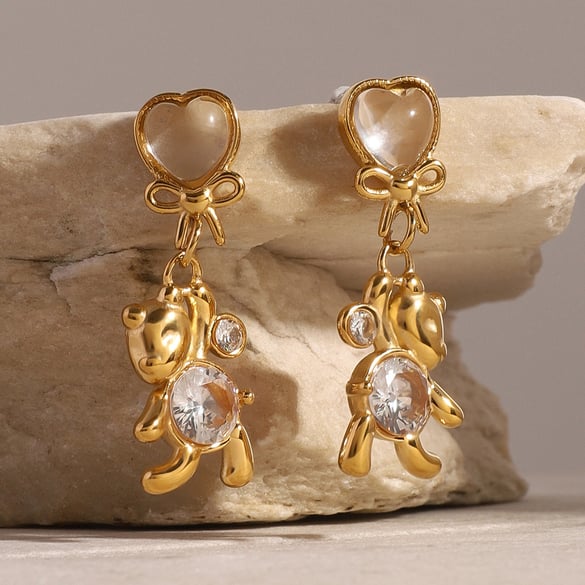 1 Pair Simple Series Cute Animal Stainless Steel 18K Gold Plated Zircon Women Drop Earrings 2