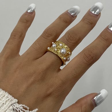 1 Pair Classic Series Retro Geometric Stainless Steel 18K Gold Plated Artificial Pearl Women Adjustable Rings h5 Picture4