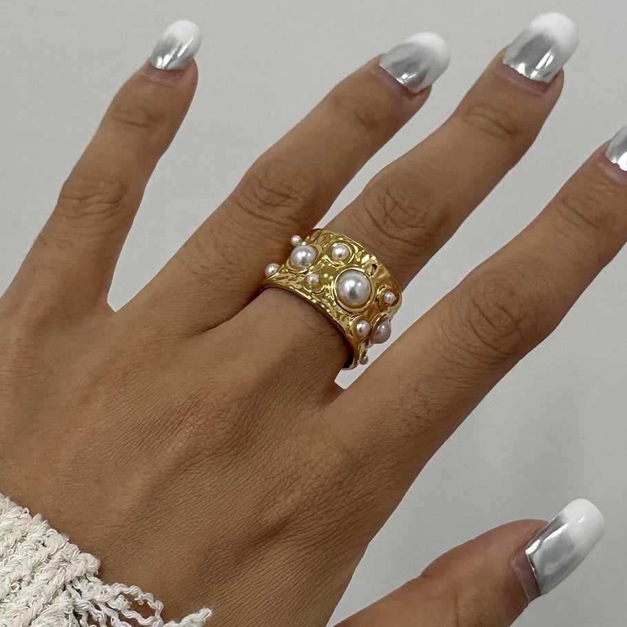 1 pair classic series retro geometric stainless steel gold plated artificial pearl women adjustable rings h5Picture4