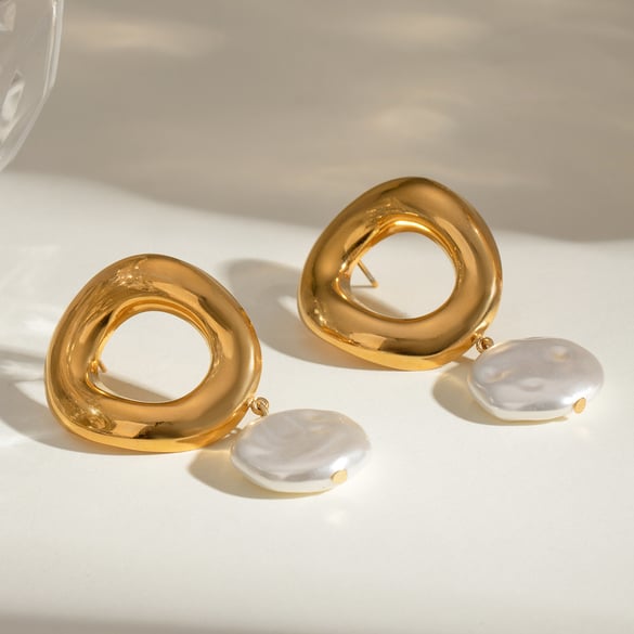 1 paire de boucles d&#39;oreilles pendantes élégantes en acier inoxydable plaqué or 18 carats avec perles artificielles pour femmes, série Simple 2
