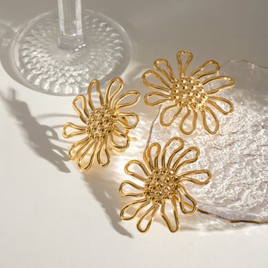 1 Pair Simple Series Elegant Flower Stainless Steel 18K Gold Plated Women Adjustable Rings h5 Picture5