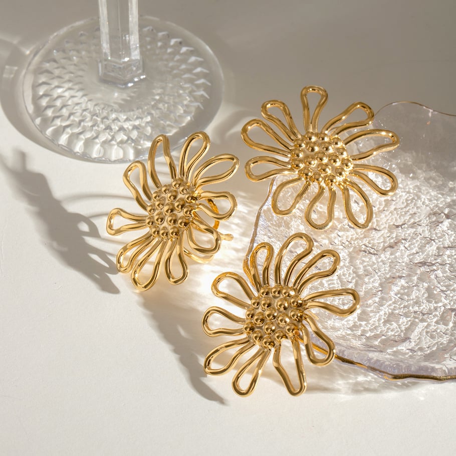 1 Pair Simple Series Elegant Flower Stainless Steel 18K Gold Plated Women Adjustable Rings Picture5