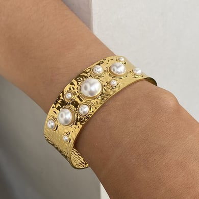 1 Piece Simple Series Retro Geometric Stainless Steel 18K Gold Plated Artificial Pearl Women Bangles h5 Picture4