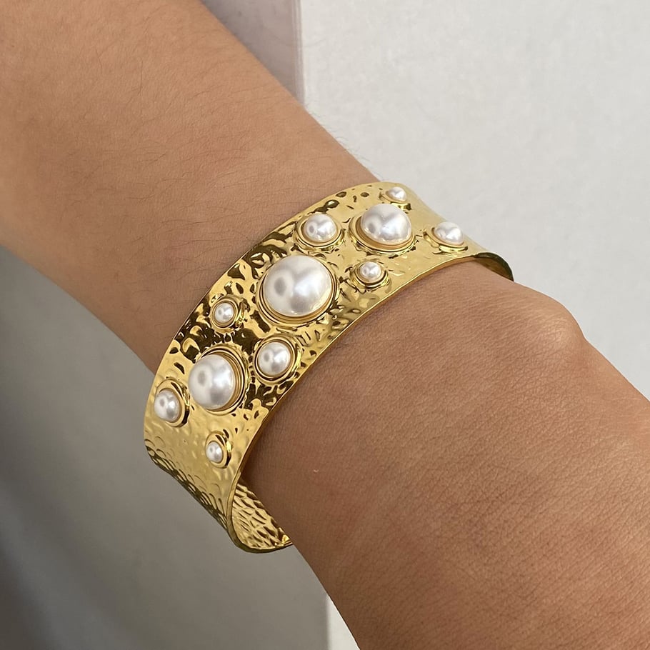 1 Piece Simple Series Retro Geometric Stainless Steel 18K Gold Plated Artificial Pearl Women Bangles Picture4