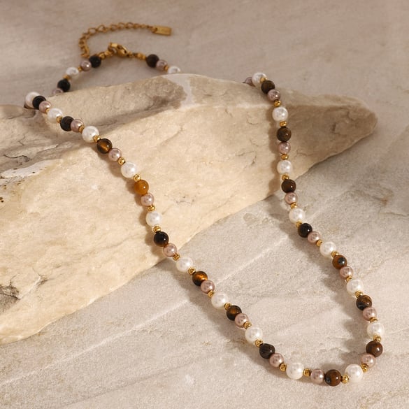 Collier de perles rétro en acier inoxydable plaqué or 18 carats pour femme, série simple, 1 pièce 2