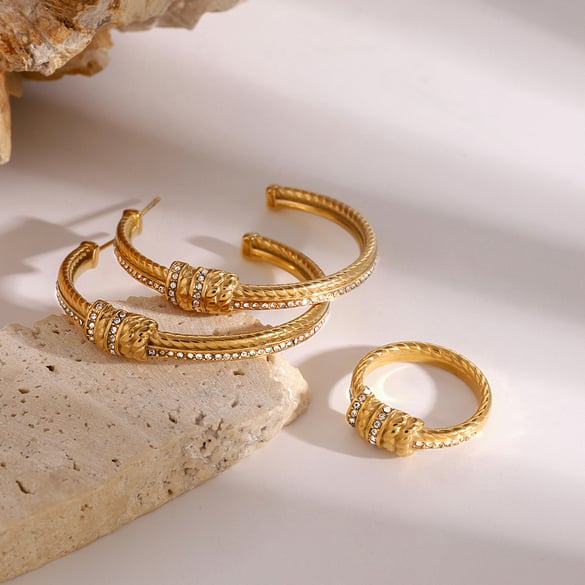 1 paire de boucles d&#39;oreilles rétro en acier inoxydable plaqué or 18 carats avec strass pour femme, série ethnique 2