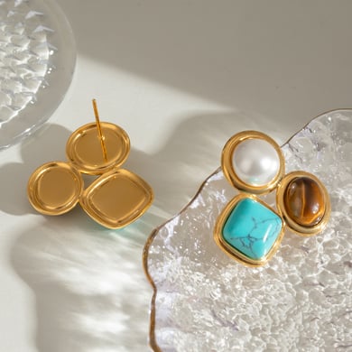 1 Pair Ethnic Series Retro Geometric Stainless Steel 18K Gold Plated Natural Stone Women Stud Earrings h5 Picture3
