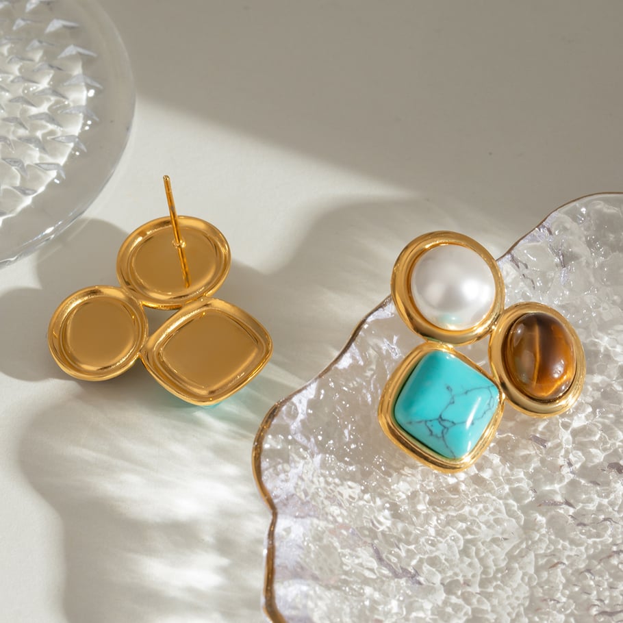 1 Pair Ethnic Series Retro Geometric Stainless Steel 18K Gold Plated Natural Stone Women Stud Earrings Picture3